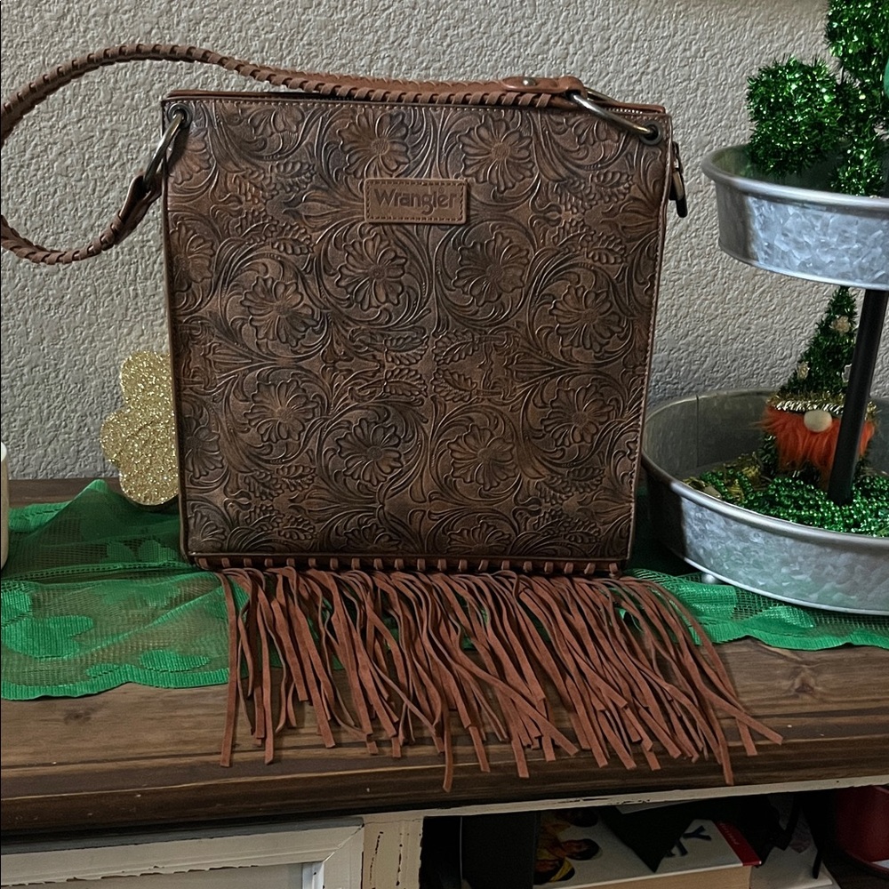Wrangler Brown Tooled Leather Fringe Crossbody